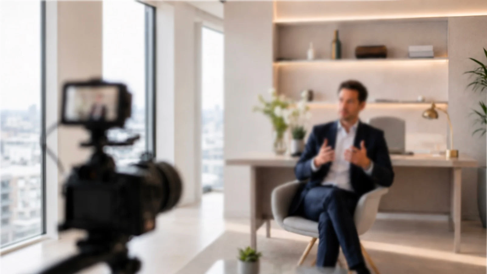 Interview filmée en studio improvisé, caméra au premier plan, dirigeant interviewé en arrière-plan